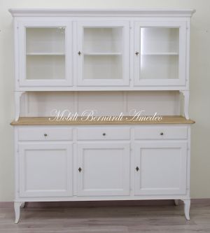 Credenza da cucina con alzata a 3 ante in legno finitura bianco e top in rovere massiccio